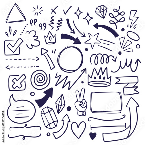Set of hand drawn doodle arrows in a sketch style featuring a vector collection of pencil icons and art symbols for school education and book design illustration