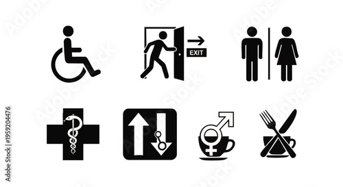 Set of six essential public information and safety symbols including wheelchair exit gender restroom medical and dining