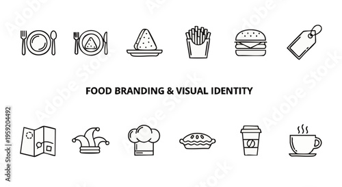 Food branding and visual identity set featuring plate cutlery burger fries coffee and chef hat in line style