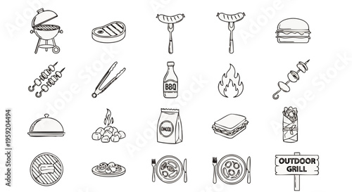Collection of hand drawn barbecue and grilling featuring meat skewers burgers charcoal and outdoor cooking equipment
