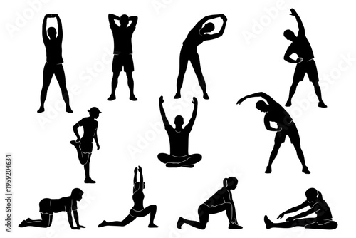 Silhouettes of diverse adults engaging in various stretching exercises.