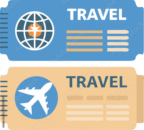 Two travel tickets with global and aviation iconography displayed