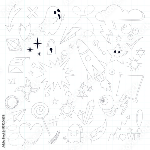 Hand drawn vector set of doodle elements featuring a seamless pattern of sketch icons and ink drawings for a school art collection