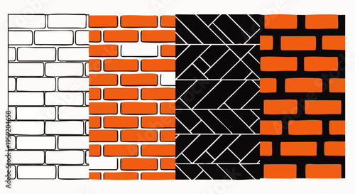Seamless brick wall patterns collection featuring different textures and geometric arrangements in black and orange colors