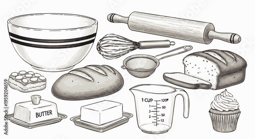 Baking and kitchen preparation tools set including mixing bowl rolling pin whisk measuring cup bread and butter