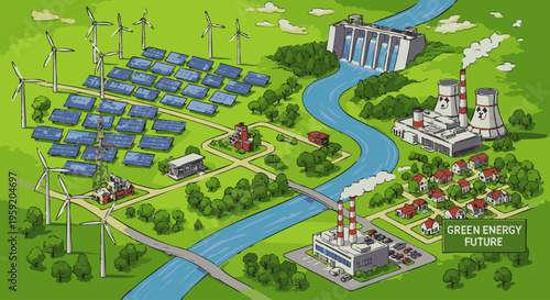 Isometric of a green energy future with solar panels wind turbines and hydroelectric dam in a natural landscape