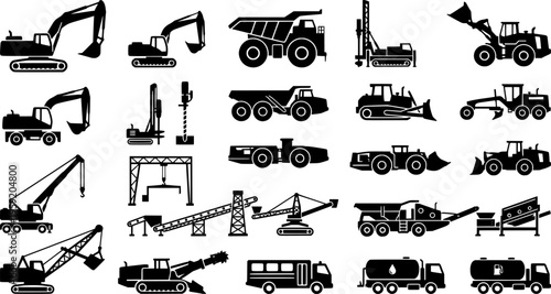 Mining Vehicles Machines Equipment Haul Truck Excavator Drill Rig Bulldozer Loader Dump Heavy Machinery Underground Operations Vector Icon Set - Mining Equipment