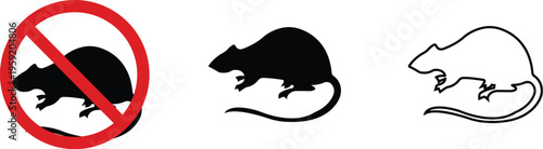 Black flat line mouse vector set collection group with rat rodent pest icons, vermin infestation control symbol prohibition sign silhouette outline isolated minimal editable design