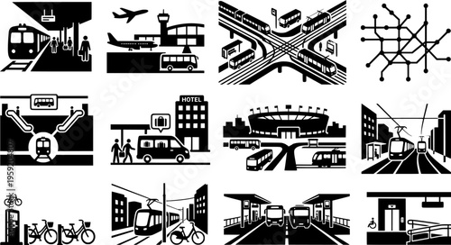 Multi-City Transit High-Speed Rail Connecting Airport World Cup Soccer Championship Transportation Infrastructure Stadium Access Vector Set
