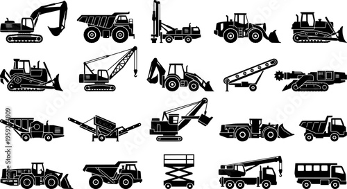 Mining Vehicles Machines Equipment Haul Truck Excavator Drill Rig Bulldozer Loader Dump Heavy Machinery Underground Operations Vector Icon Set - Mining Equipment