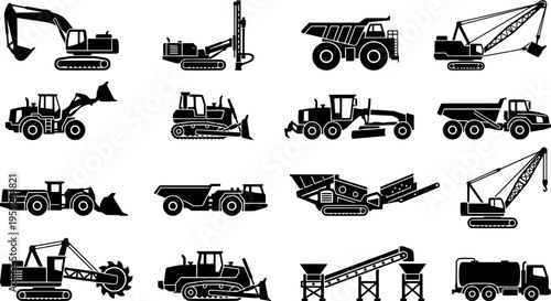 Mining Vehicles Machines Equipment Haul Truck Excavator Drill Rig Bulldozer Loader Dump Heavy Machinery Underground Operations Vector Icon Set - Mining Equipment