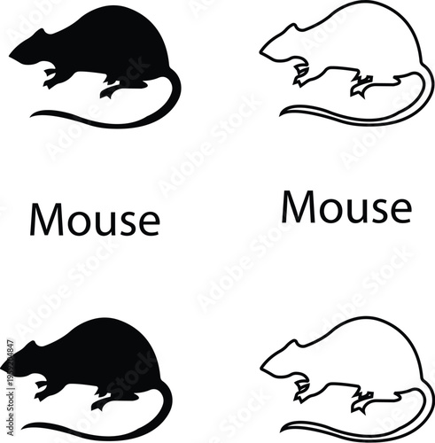 Mouse vector set collection group with rat rodent pest icons, vermin infestation control symbol prohibition sign silhouette outline isolated minimal editable design