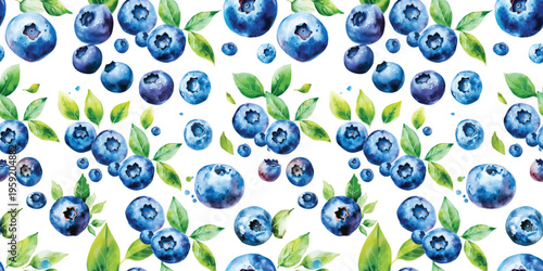 watercolor blueberries berry Seamless pattern on white background blue berries with leaves for fabric design, rustic kitchen textiles, packaging and botanical print projects