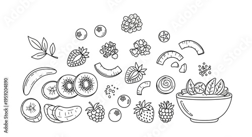 Fresh fruit salad bowl with various fruits and leaves floating around healthy eating concept illustration