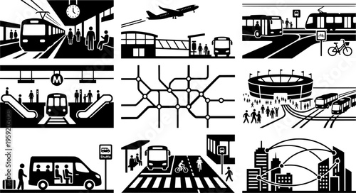 Multi-City Transit High-Speed Rail Connecting Airport World Cup Soccer Championship Transportation Infrastructure Stadium Access Vector Set
