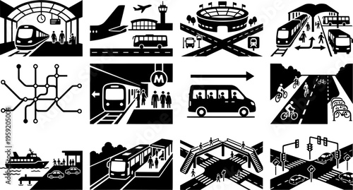 Multi-City Transit High-Speed Rail Connecting Airport World Cup Soccer Championship Transportation Infrastructure Stadium Access Vector Set
