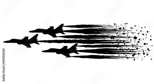 Four black fighter jets flying in formation with streaks and splatters on white background symbolizing speed and power
