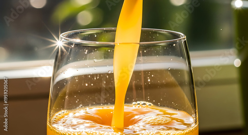 Orange Juice Being Poured Into a Glass in Sunny Kitchen