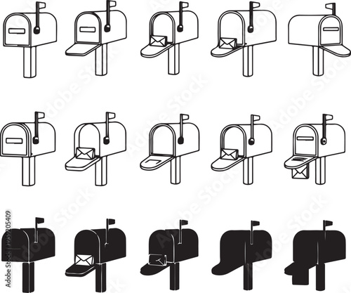 Collection of black and white line and silhouette of mailboxes with and without envelopes letter post