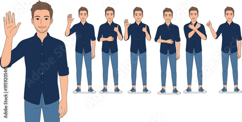 Male character set in casual blue shirt and jeans showing different gestures including waving, thumbs up, pointing and standing, modern young man vector illustration
