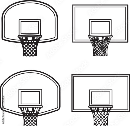 Four black and white basketball hoops with nets and backboards basketball net sports equipment game