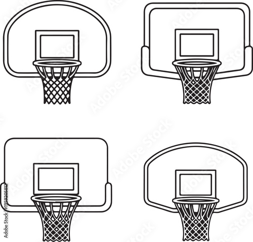 Four black and white line basketball hoops with backboards and nets sport