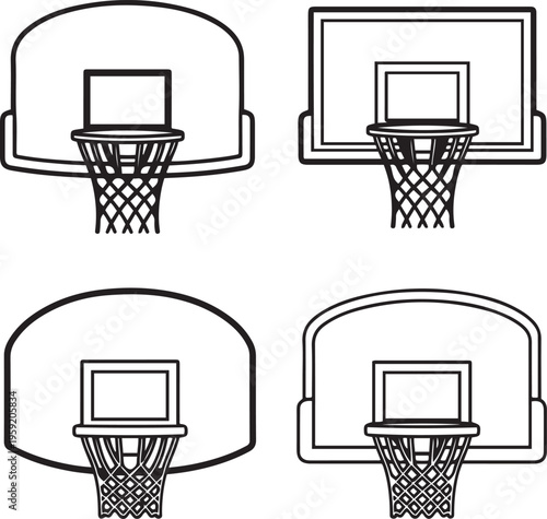 Four black and white line of basketball hoops and backboards sport