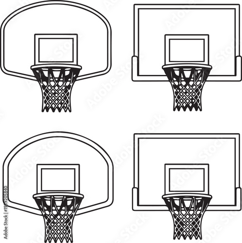 Four black and white line basketball hoops with nets and backboards basketball net sports equipment game