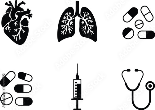 Medical icons set, minimalist black silhouette vector icons including heart lungs medicine pills syringe stethoscope and healthcare equipment for hospital and health design use.