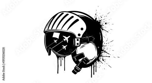 Black and white astronaut helmet with starry visor and paint splatter background vector graphic