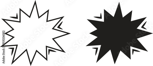 Comic speech bubble icons in explosion burst shape with black outline and solid silhouette. Dynamic shout communication balloons collection. Manga dialogue vector graphic elements design.