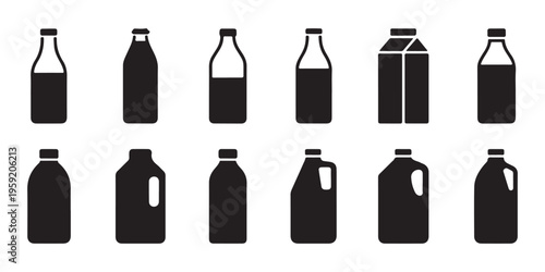Milk Bottle and box set icon concept. Simple solid style. line stroke icons