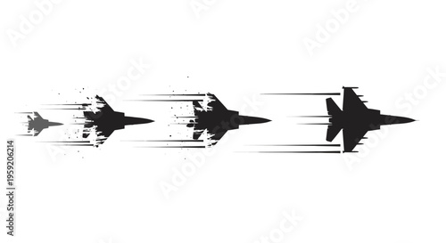 Military jets flying in formation with motion blur effect on white background dynamic graphic design element for speed and power concepts