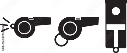 Three black silhouette of whistles and a whistle tag black and white sports referee