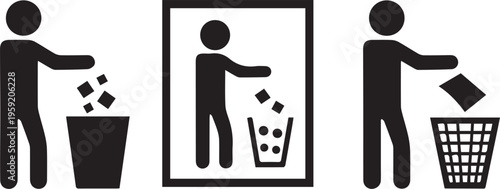 Three black silhouette of people throwing trash into bins garbage waste 2 disposal