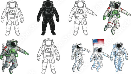 Astronaut Character Set in Space Suits with Different Poses, Flag, and Space Gear for Space Exploration Illustrations, Sci-Fi Art