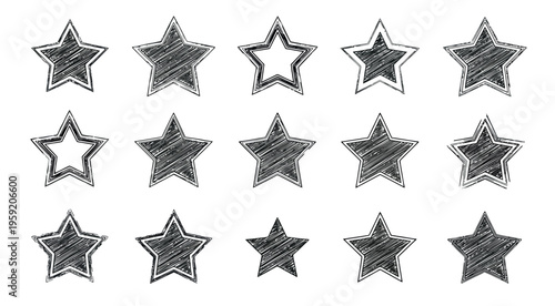 Star icons, metallic silver stars, rating symbols, vector graphics