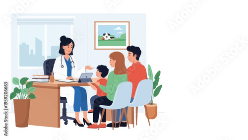 Doctor Consults With Family at Medical Clinic