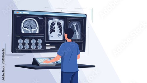 Doctor examines medical scans on computer screen