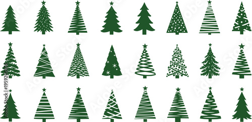 Collection of festive christmas tree silhouettes with different decorative patterns and star toppers for holiday greeting