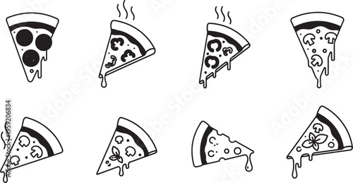 Black and white of eight different pizza slices with various toppings line various toppings cheese