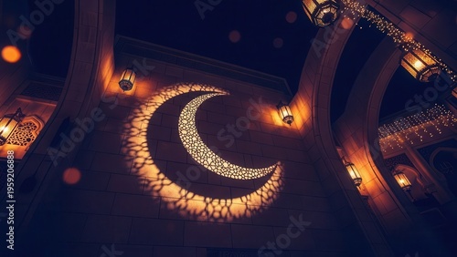 A beautiful glowing crescent moon light projection with intricate mosaic patterns brilliantly illuminating a grand stone mosque wall, majestically flanked by ornate traditional Islamic metal lanterns