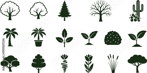 Set of minimalist tree icons showing various botanical shapes and plant species on transparent background for web design