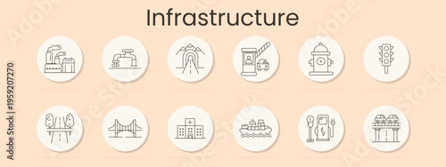 Infrastructure set icon. Blue outline badges, factory plant, water tap, tunnel road, checkpoint barrier, fire hydrant, traffic light, highway, bridge, hospital, cargo ship, charging station, overpass