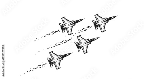 Four military fighter jets flying in formation with contrails on white background aerial display