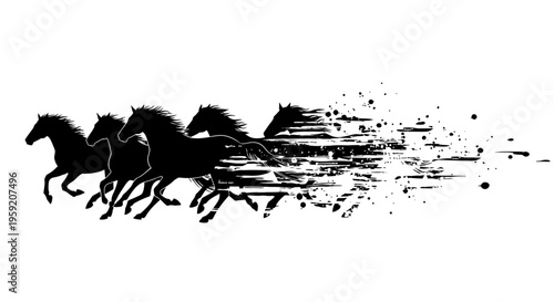 Four black horses running fast in a row with motion blur and splashes on a white background symbolizing speed and freedom