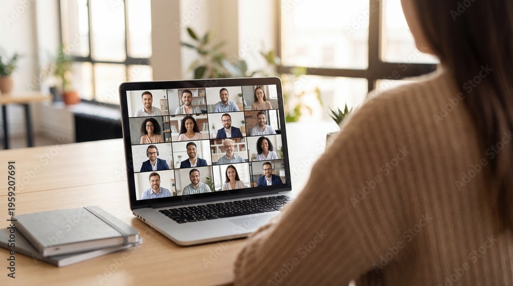 Obraz premium Remote work online meeting video conference teamwork diverse colleague laptop home office communication concept