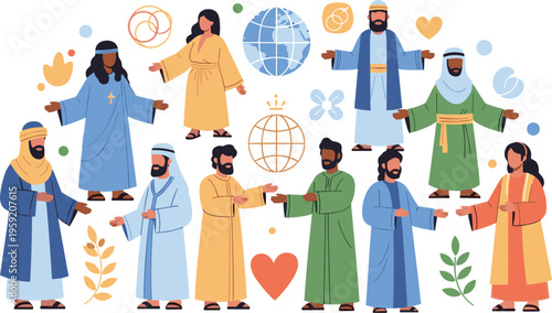 Biblical characters and religious figures collection with diverse people in robes spiritual symbols faith community vector illustration set