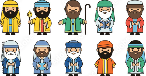 Biblical characters set with prophets shepherds and wise men in traditional robes, religious cartoon figures flat vector illustration