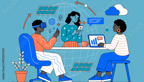 Gen Z Tech Enthusiasts Collaborating on Digital Innovation and Sustainability Projects.eps